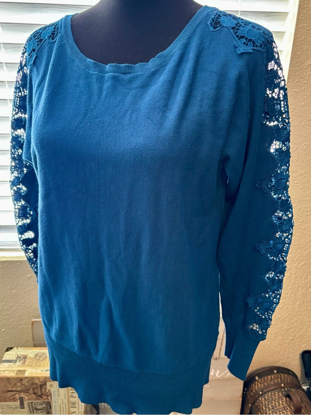 Ruby Rd. Royal Blue Sweater with Lace Sleeve Inserts